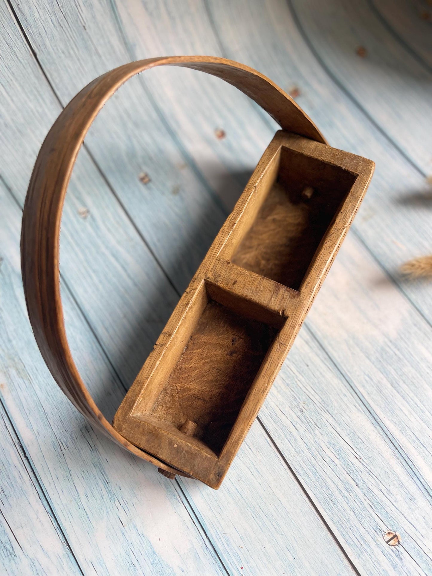 Antique Rustic Handmade French Wooden Herb Trug with Folding Handle — Unique Two-Compartment Gathering Basket