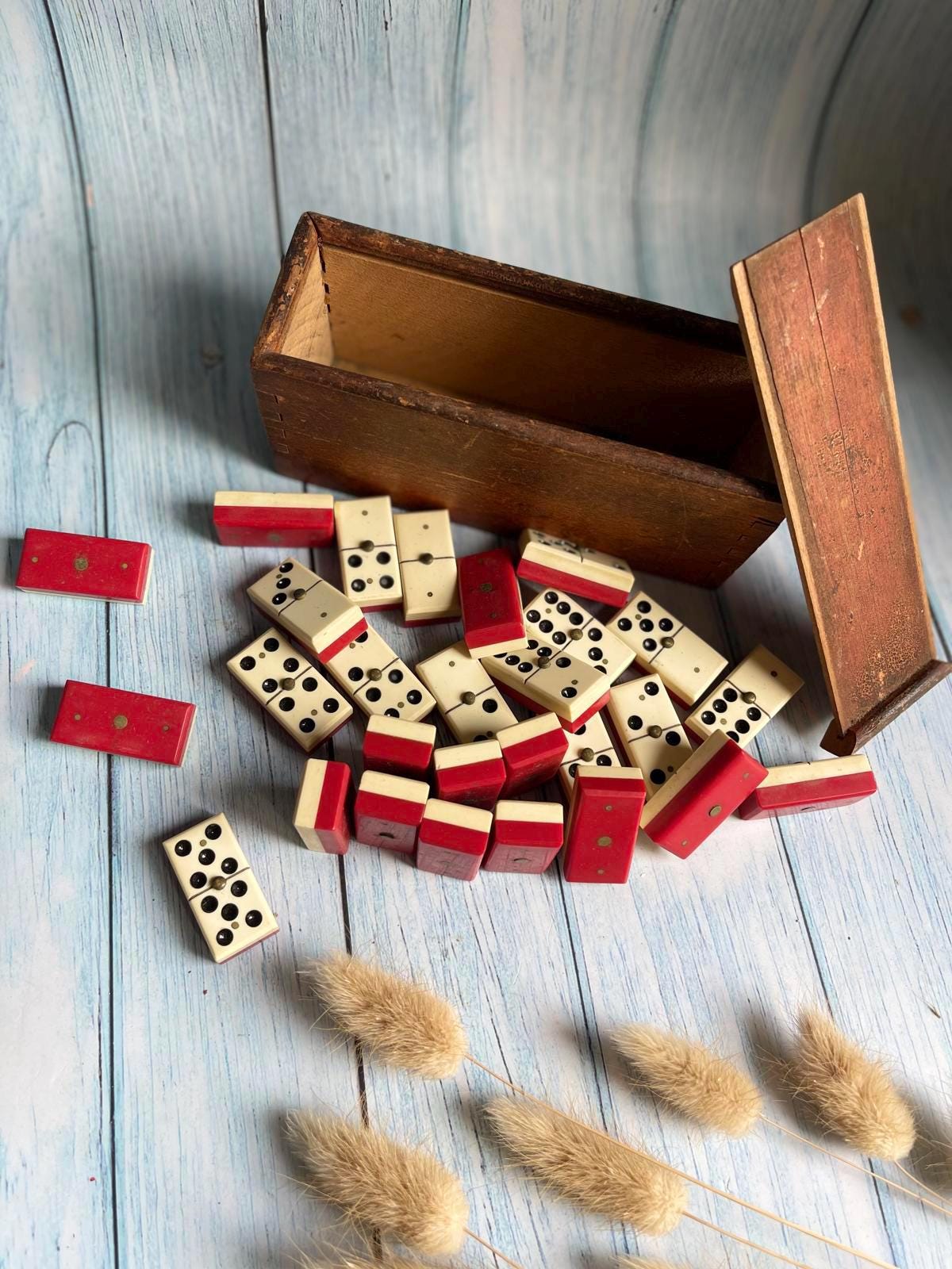 Antique French Bakelite & Brass Dominoes – Rare Red and White – Original Wooden Box