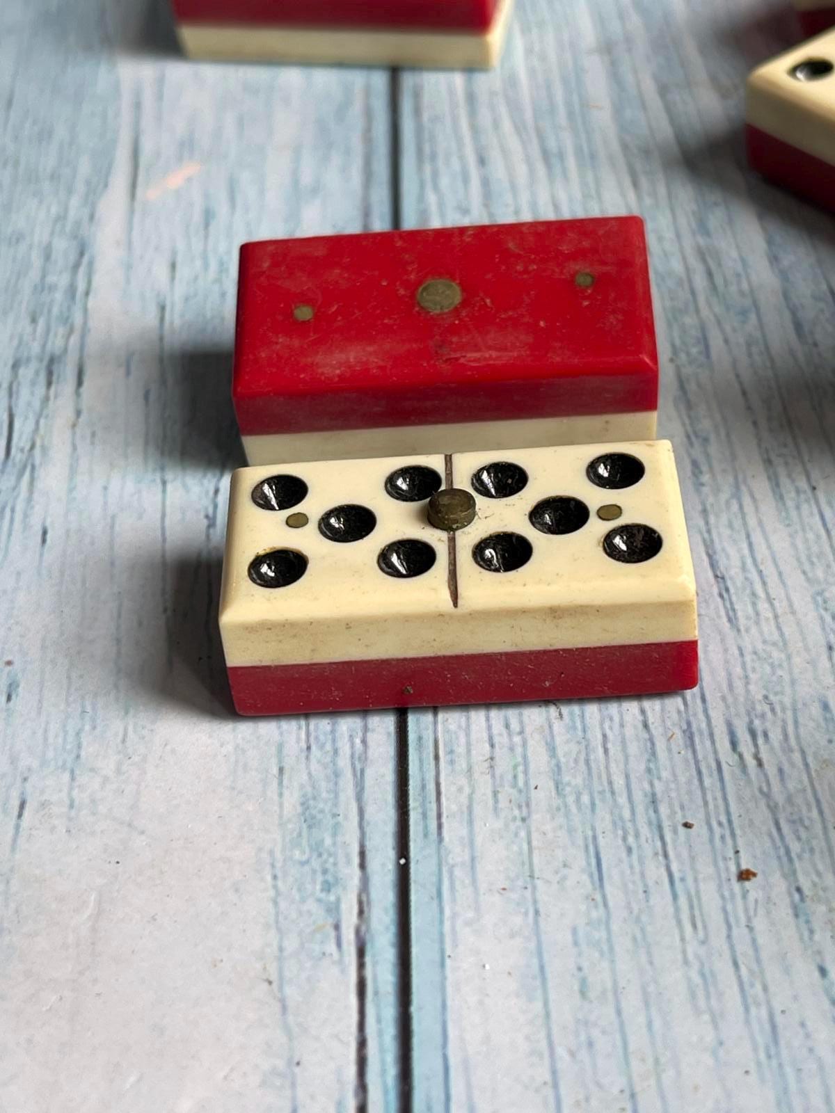 Antique French Bakelite & Brass Dominoes – Rare Red and White – Original Wooden Box