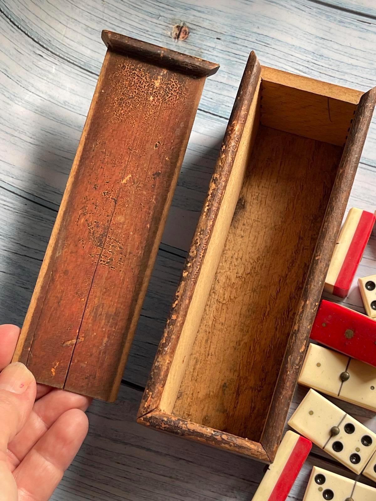 Antique French Bakelite & Brass Dominoes – Rare Red and White – Original Wooden Box