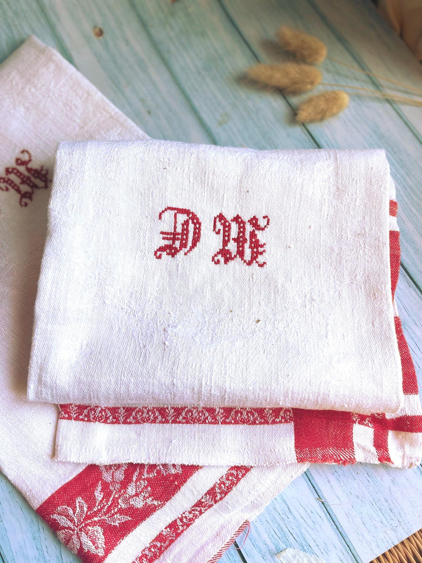 Pair of Vintage French Monogrammed Red and White Linen Torchons / Kitchen Towels
