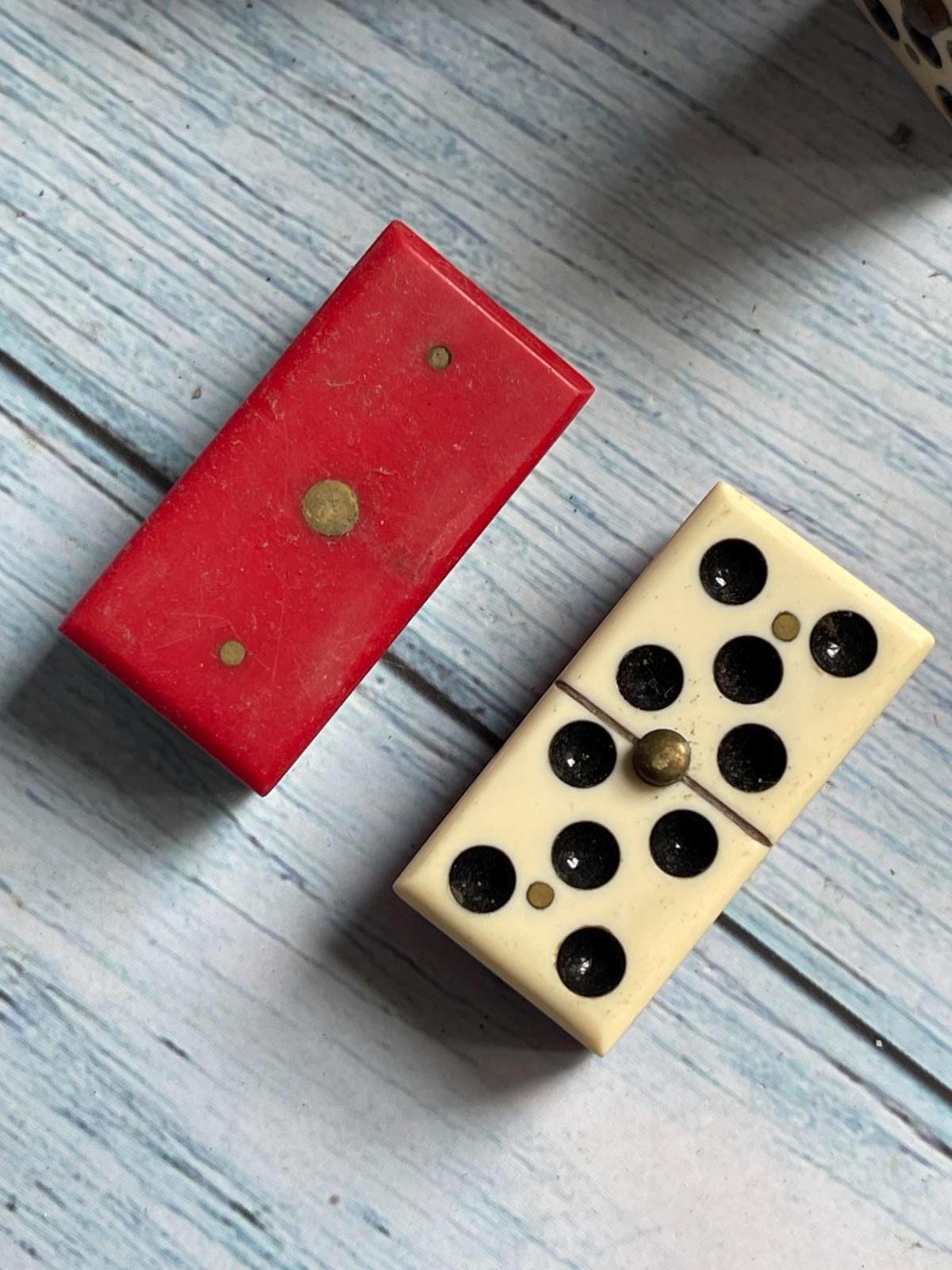 Antique French Bakelite & Brass Dominoes – Rare Red and White – Original Wooden Box