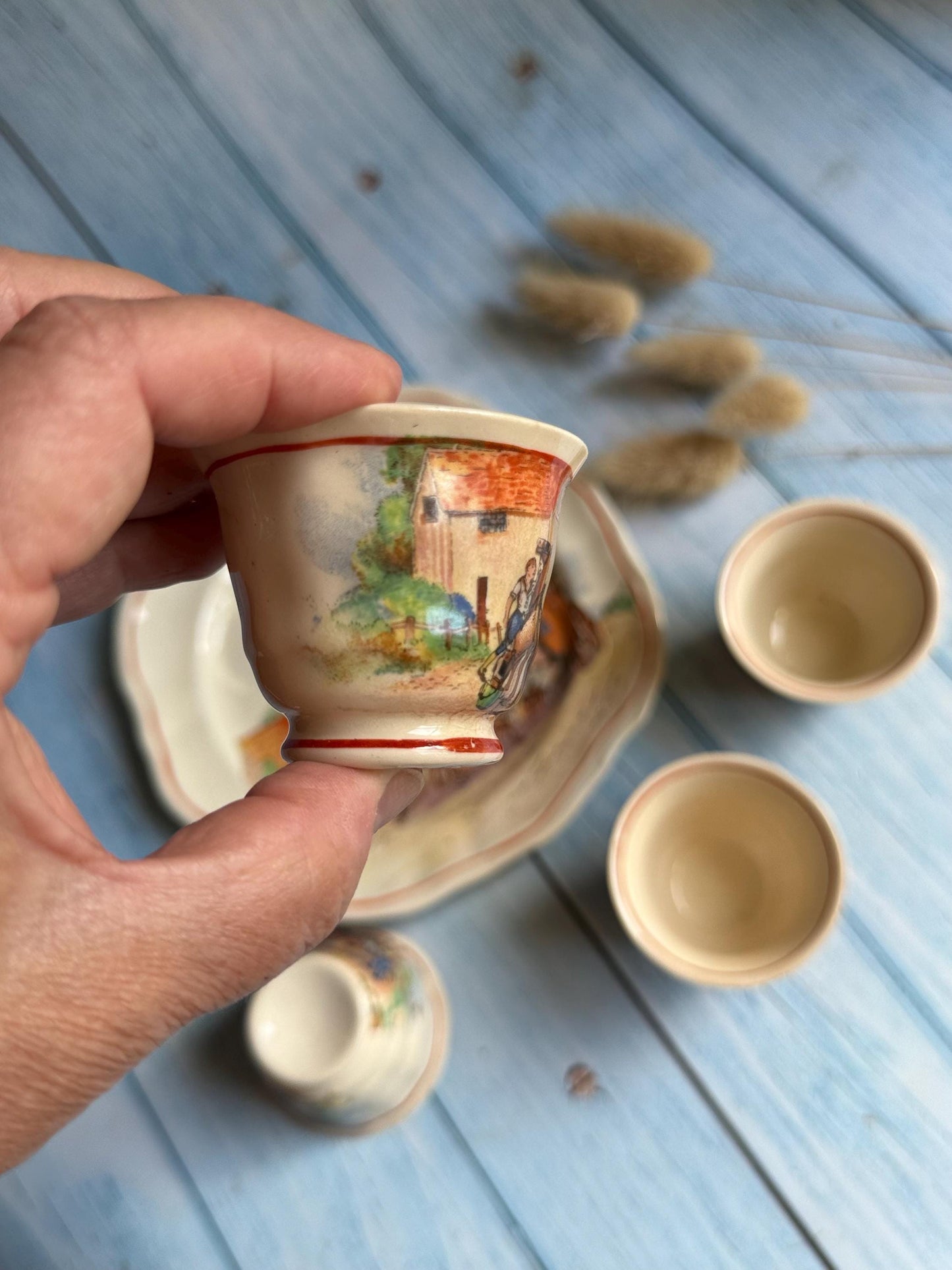 Swinnertons Coaching Days Egg Cup Set: English Staffordshire Hampton Ivory, 1930s