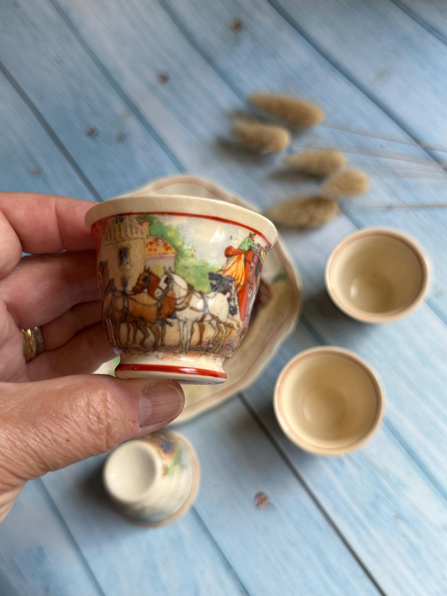 Swinnertons Coaching Days Egg Cup Set: English Staffordshire Hampton Ivory, 1930s