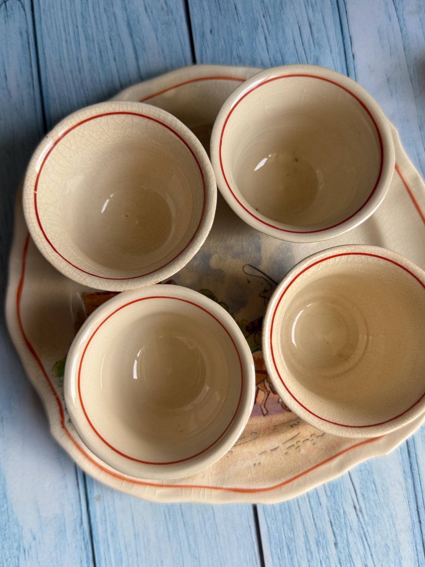 Swinnertons Coaching Days Egg Cup Set: English Staffordshire Hampton Ivory, 1930s