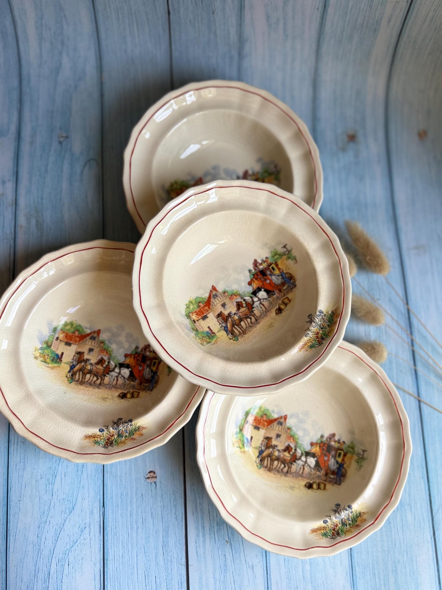 Swinnertons Coaching Days Set of Six Bowls: English Staffordshire Hampton Ivory, 1930