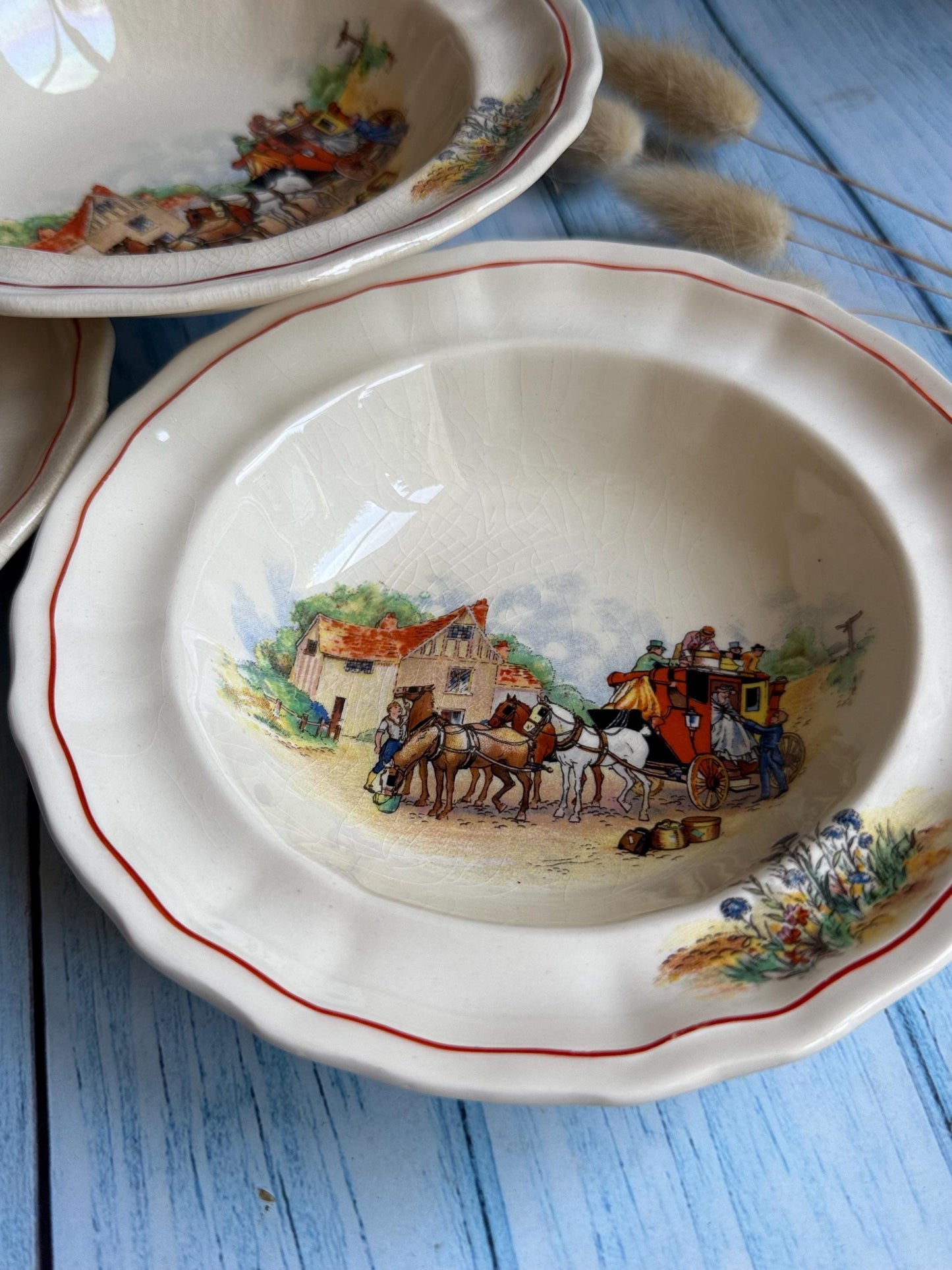 Swinnertons Coaching Days Set of Six Bowls: English Staffordshire Hampton Ivory, 1930