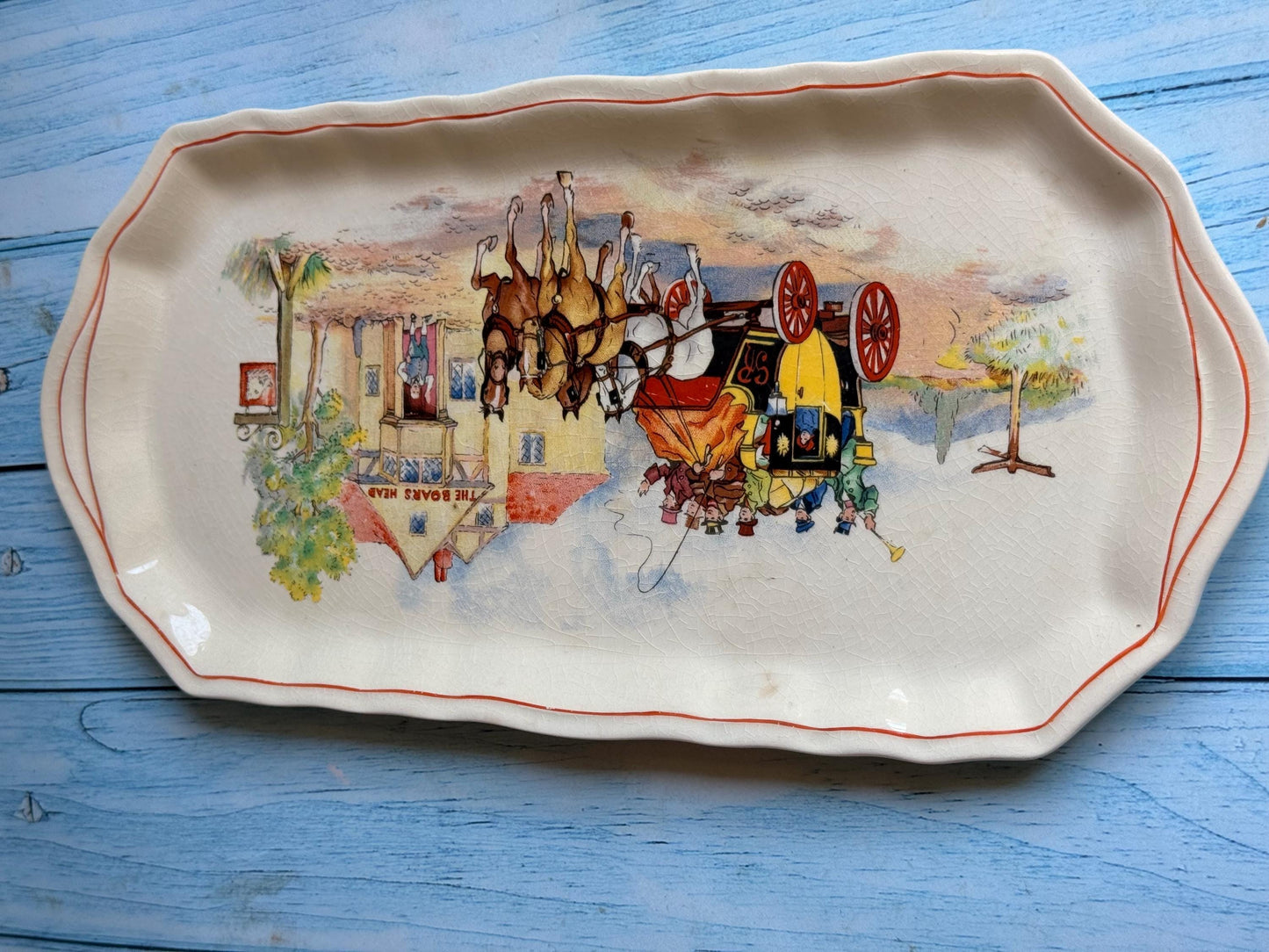 1930s Oblong Sandwich Plate, Made in England in Staffordshire by Swinnertons, Coaching Days Range