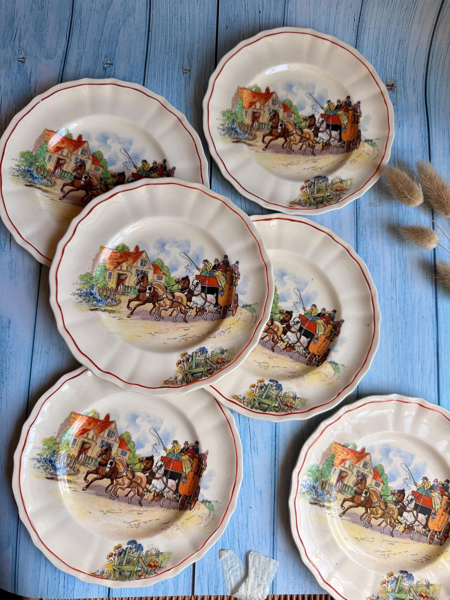 Swinnertons Coaching Days Set of Six Tea Plates: English Staffordshire Hampton Ivory, 1930