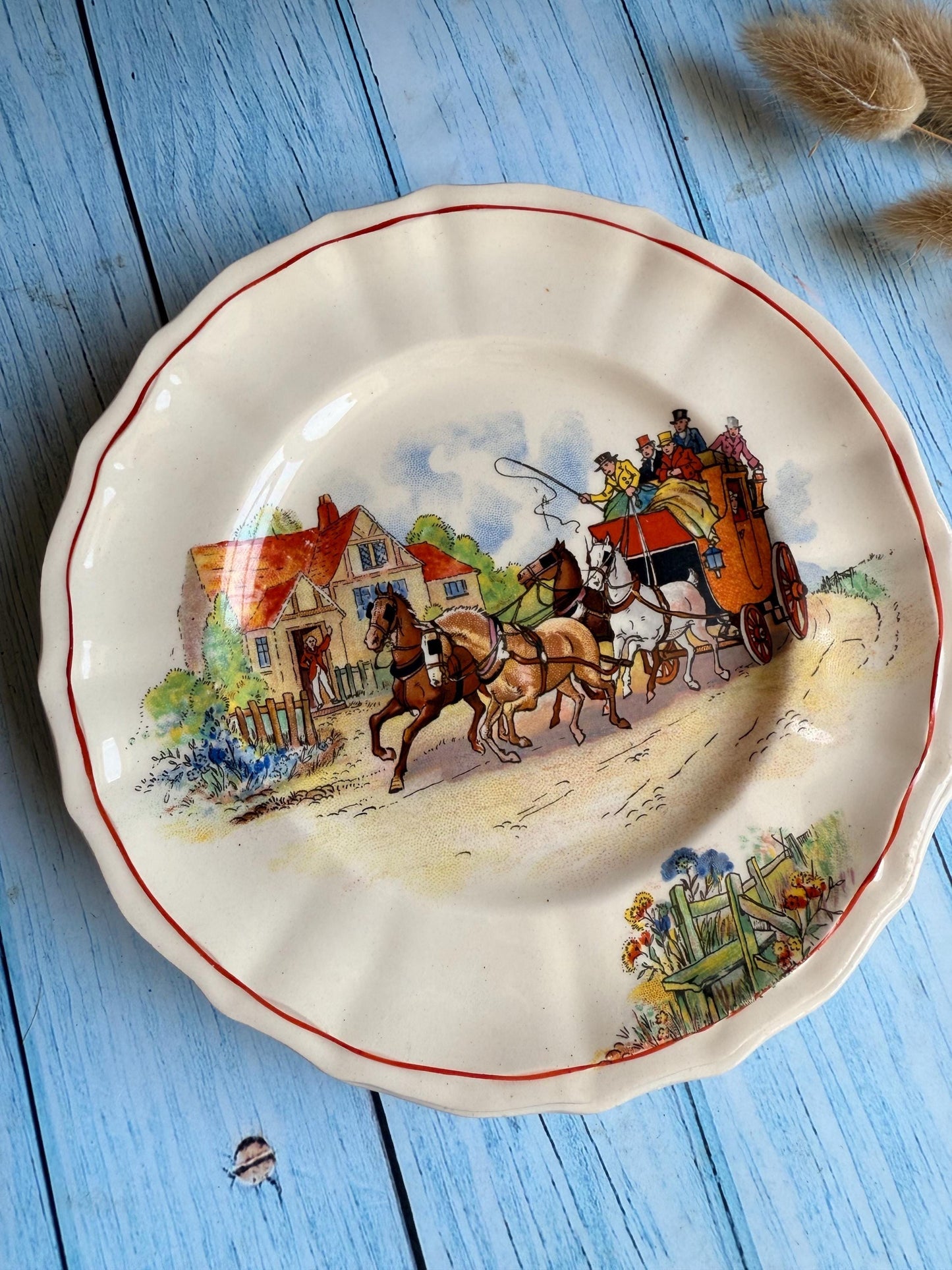 Swinnertons Coaching Days Set of Six Tea Plates: English Staffordshire Hampton Ivory, 1930