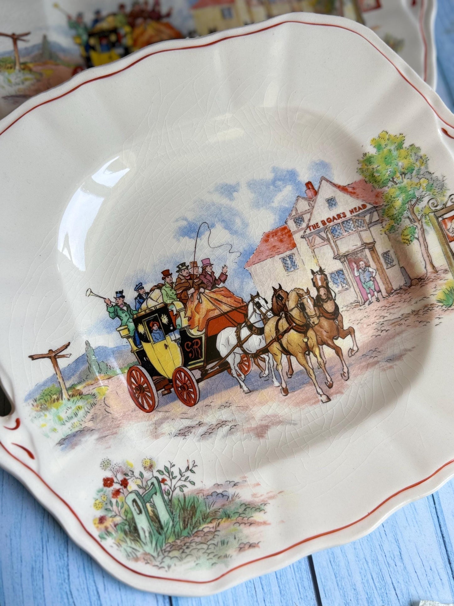 Vintage Swinnertons Cake Plates (Pair): English Coaching Days, 1930s