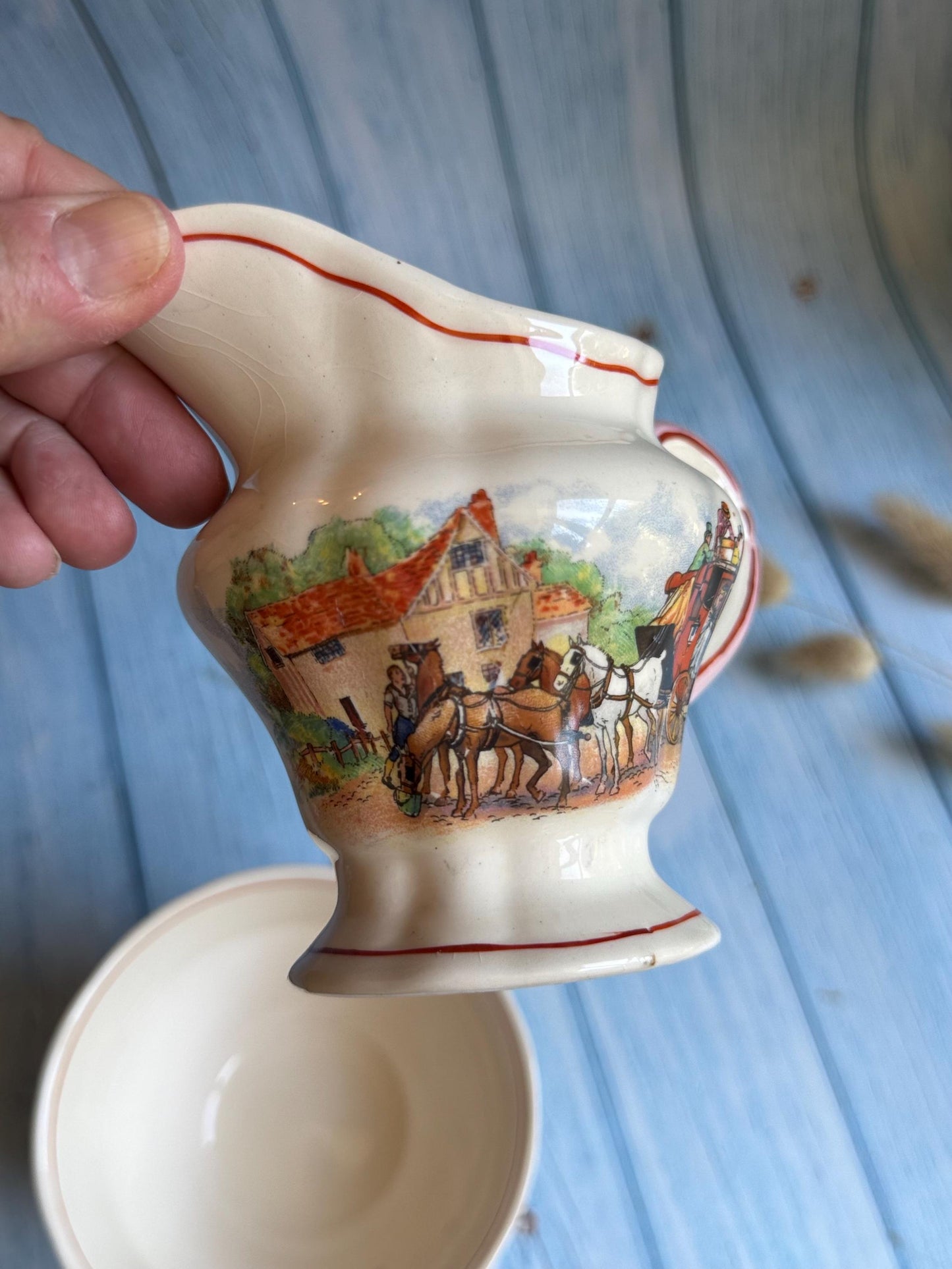 Vintage Swinnertons Sugar Bowl and Creamer Set: Coaching Days English Staffordshire, 1930