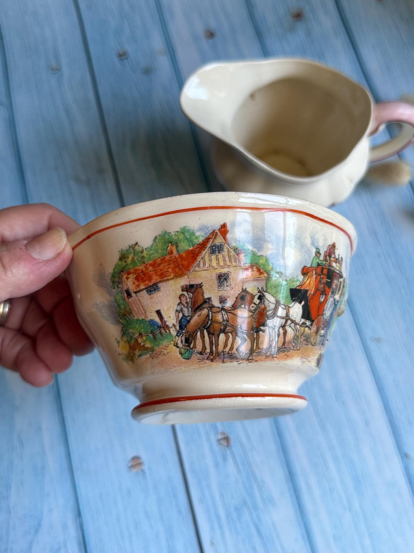 Vintage Swinnertons Sugar Bowl and Creamer Set: Coaching Days English Staffordshire, 1930