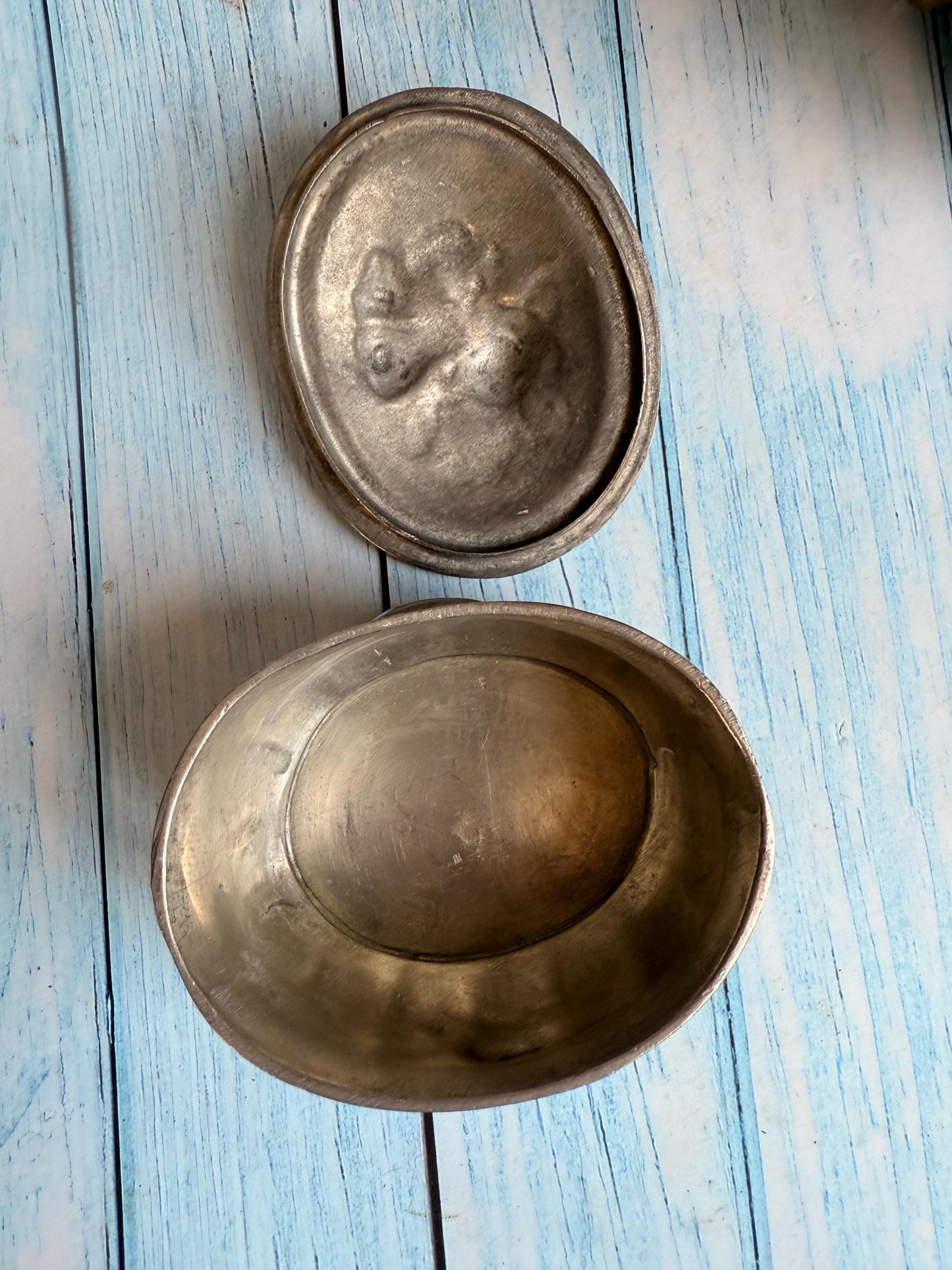 Antique Art Nouveau French Pewter Trinket Lidded Pot with Fruit Detail