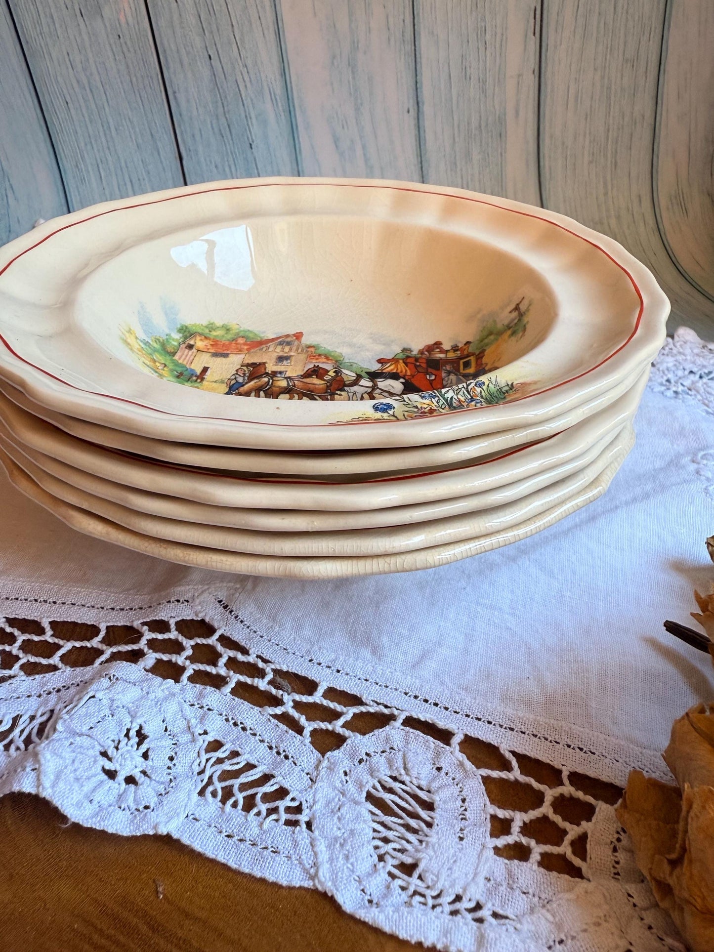Swinnertons Coaching Days Set of Six Bowls: English Staffordshire Hampton Ivory, 1930