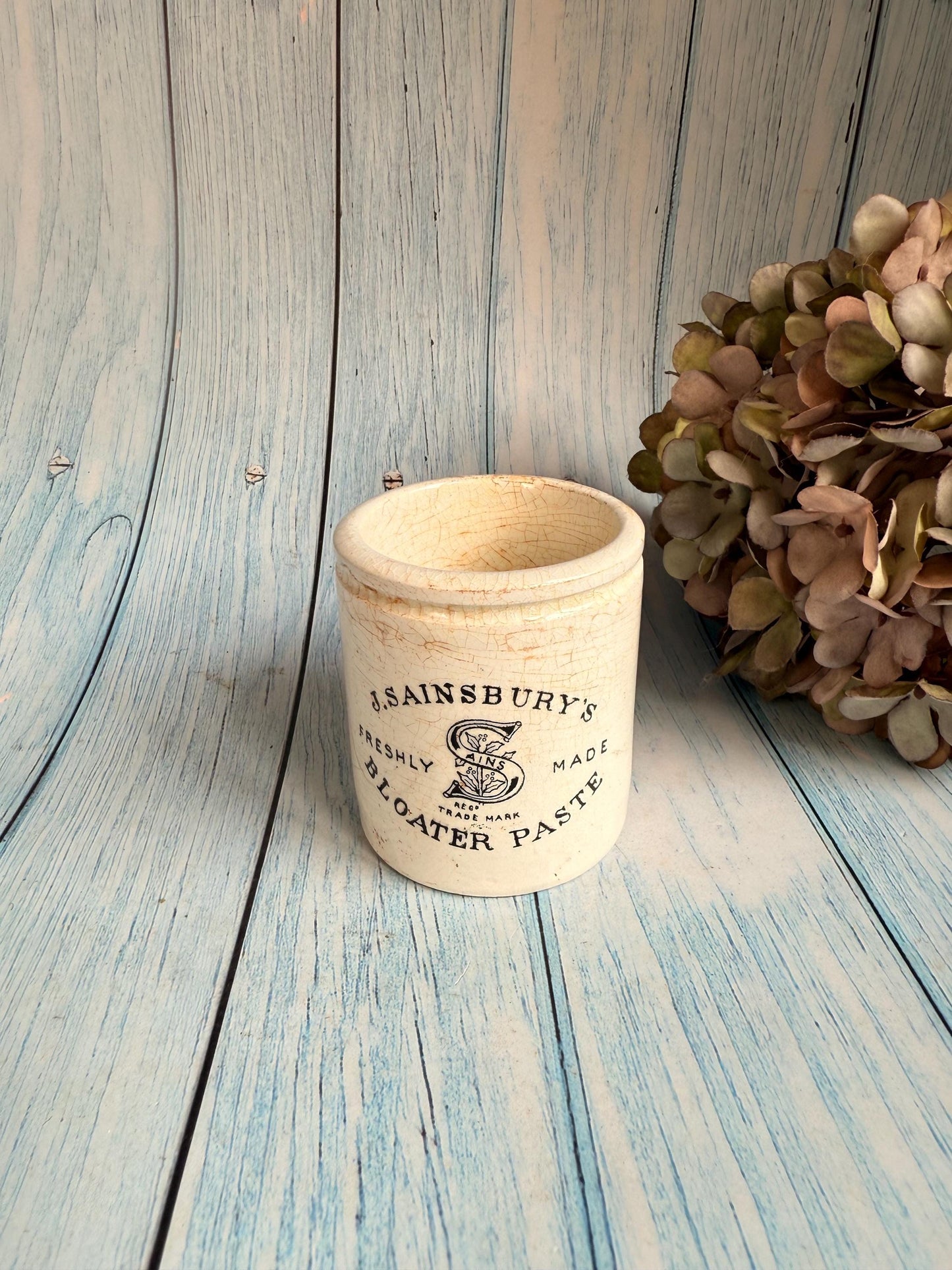 Antique J Sainsburys Ironstone Bloater Paste Pot / Collectible Advertising