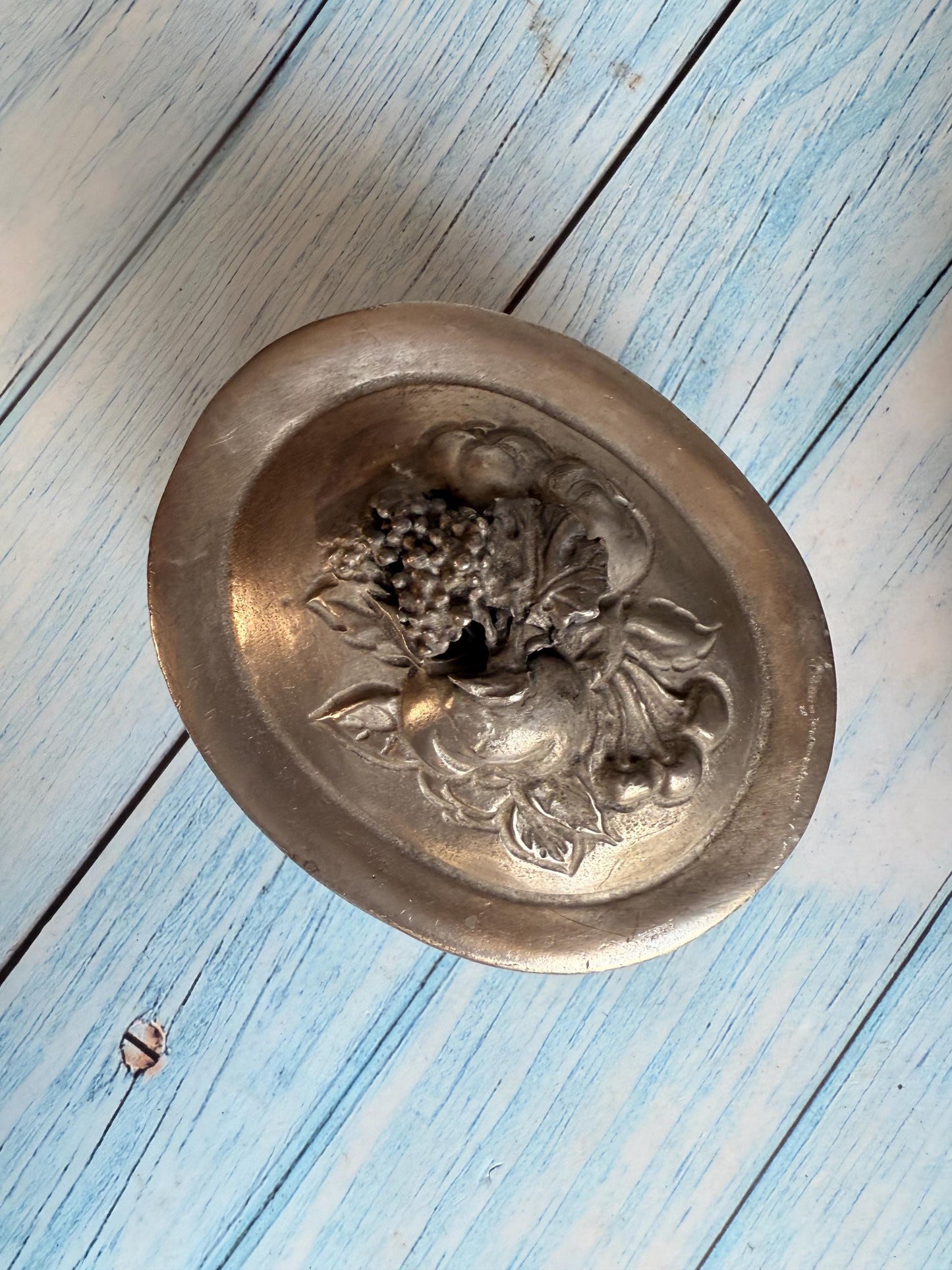 Antique Art Nouveau French Pewter Trinket Lidded Pot with Fruit Detail
