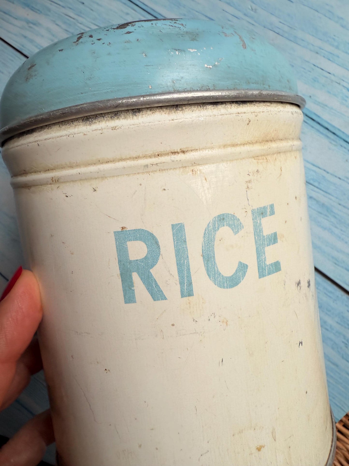 Vintage 1950 / 1960s Worcester Ware Blue and Cream Rice Retro Kitchen Storage Canister