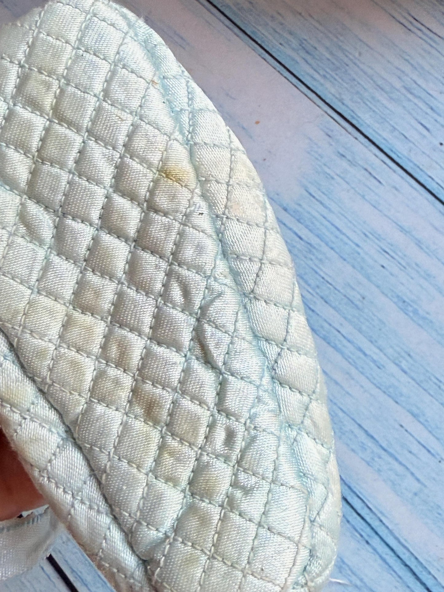 1930s Chilprufe England Lined Pair of Blue Satin Quilted Hand Embroidered Vintage Baby Shoes with Ribbon Ties