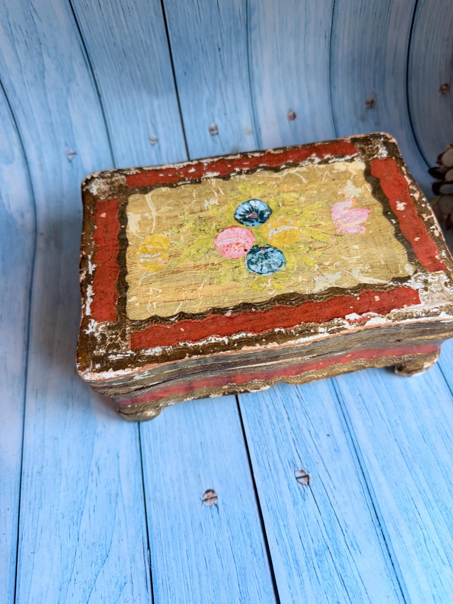 Vintage Italian Florentine Wooden Trinket Box, Handcrafted Gilded Gesso