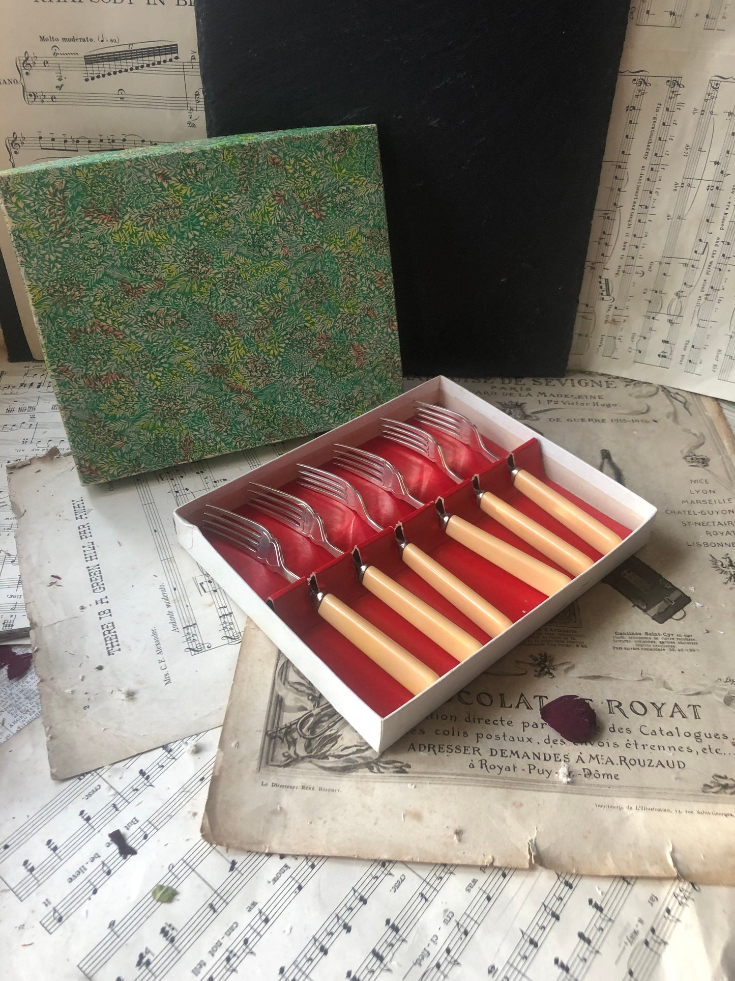 Set of Six Fish Forks in Original Cardboard Presentation Box with Green Leaves Pattern on the Lid / Silver Coloured with Faux Bone Handles