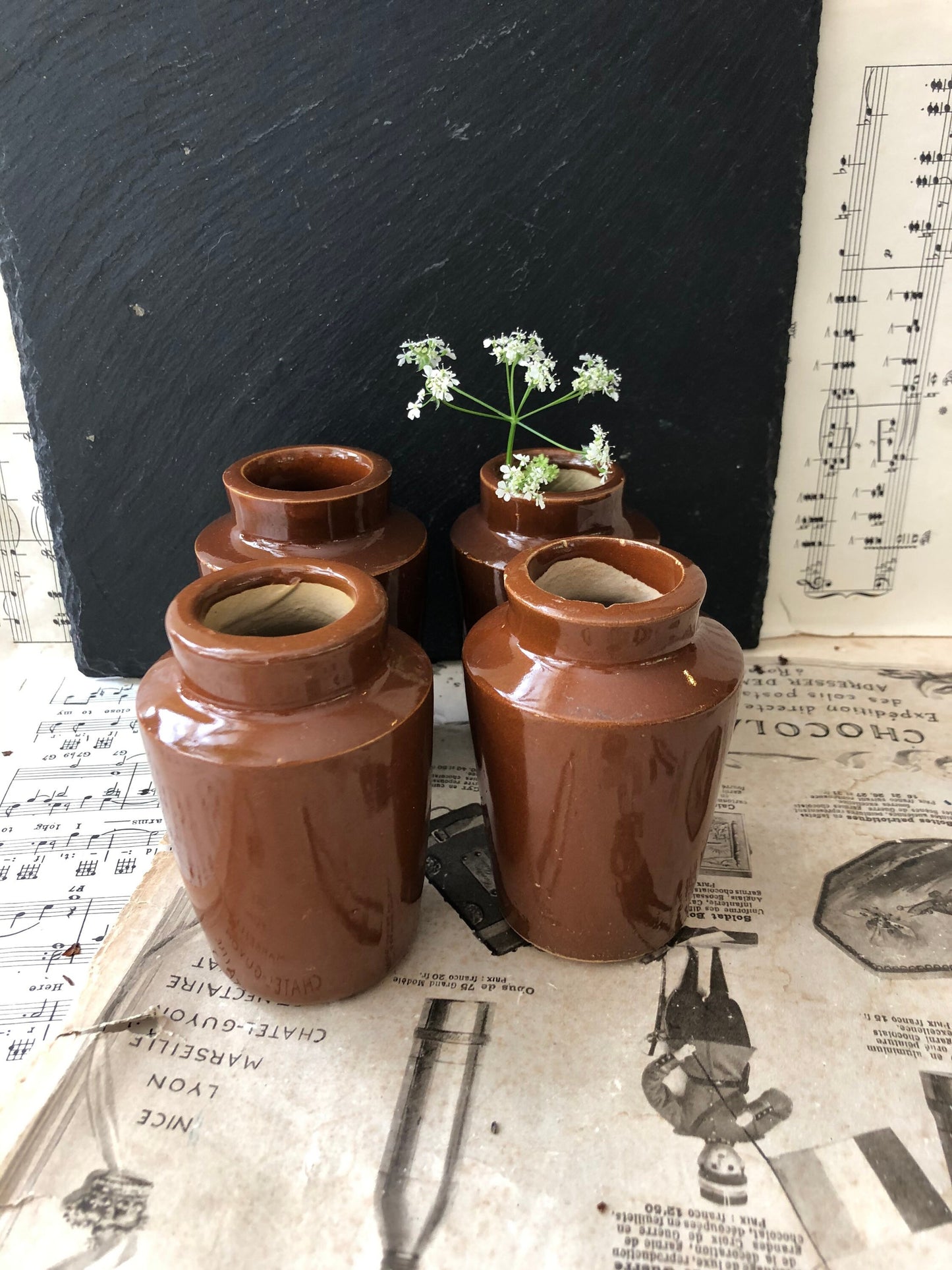 Antique Stoneware Brown Glaze Cream Pots