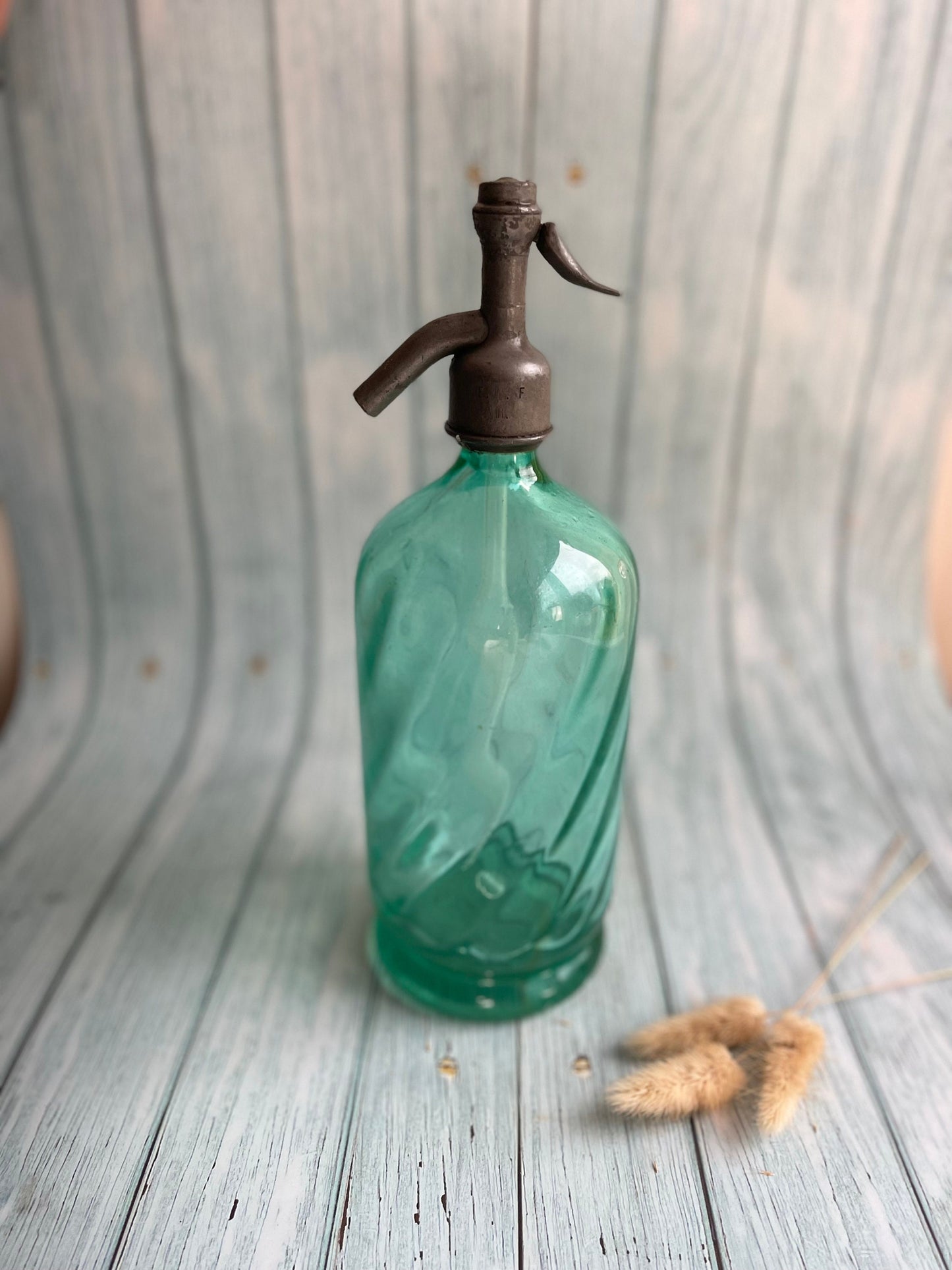Antique Aqua Blue Green French Durafort & Fils Paris Glass Soda Syphon with Pewter Spout / Etain Sans Plomb