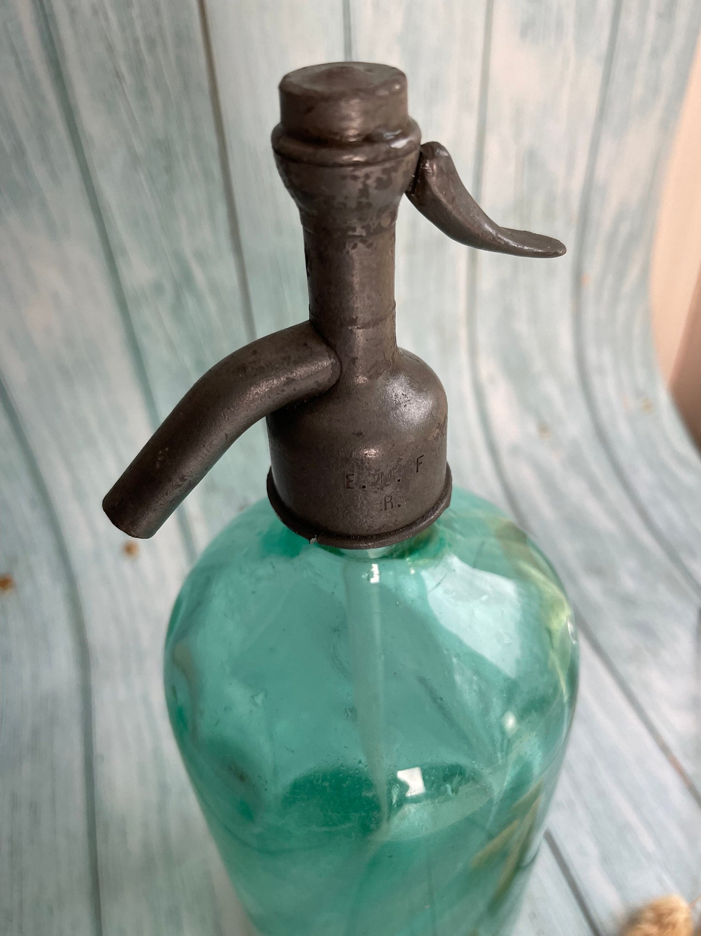 Antique Aqua Blue Green French Durafort & Fils Paris Glass Soda Syphon with Pewter Spout / Etain Sans Plomb