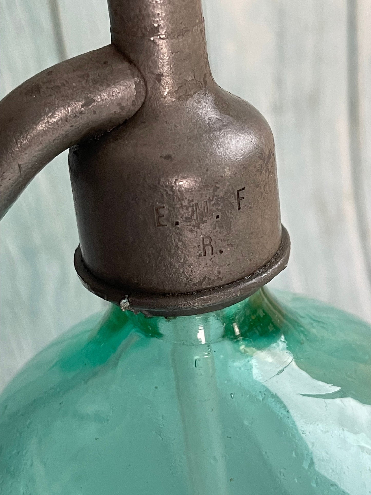 Antique Aqua Blue Green French Durafort & Fils Paris Glass Soda Syphon with Pewter Spout / Etain Sans Plomb