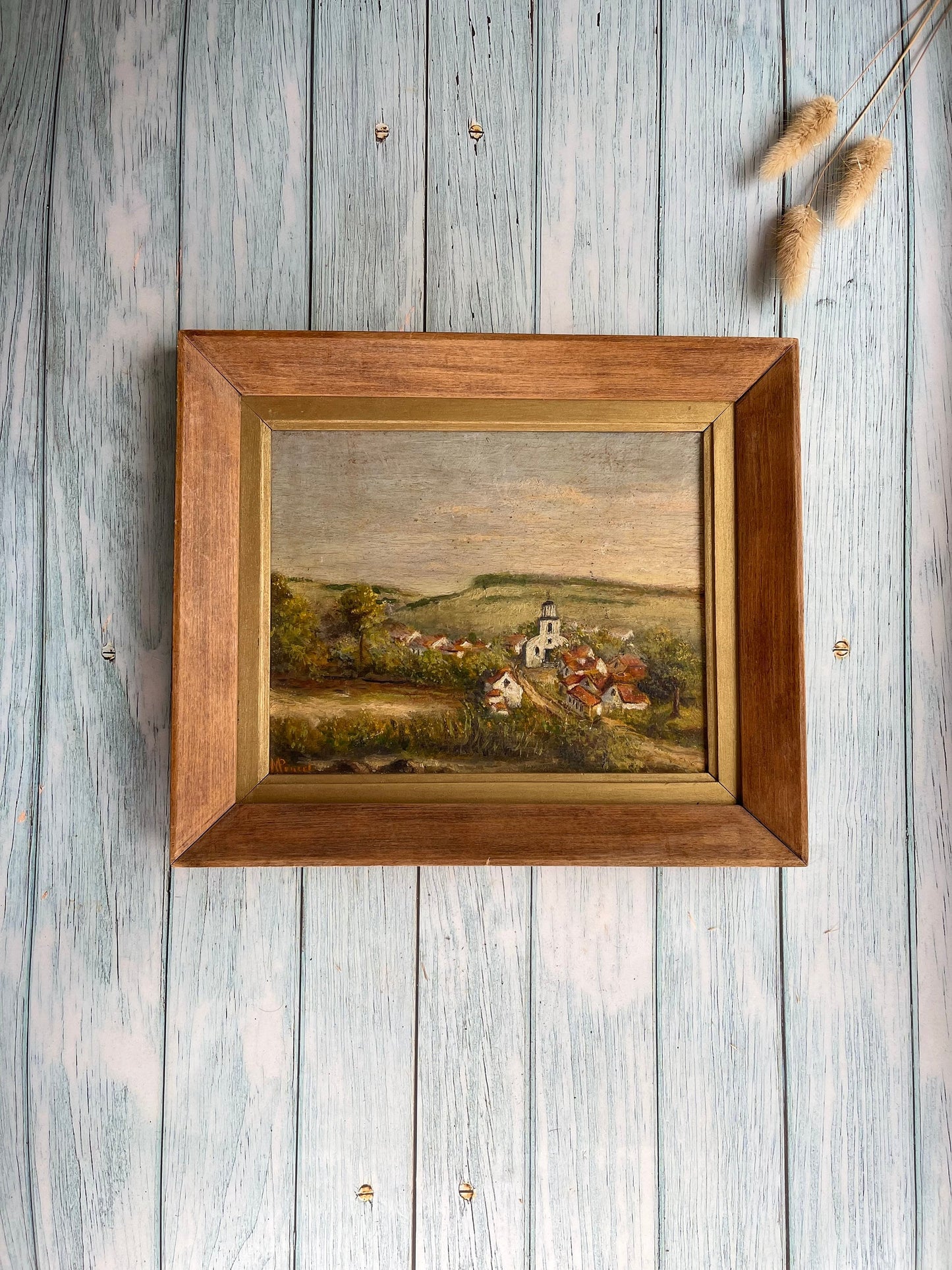 Vintage French Oil Painting of a Rural Village Scene with Church in Frame