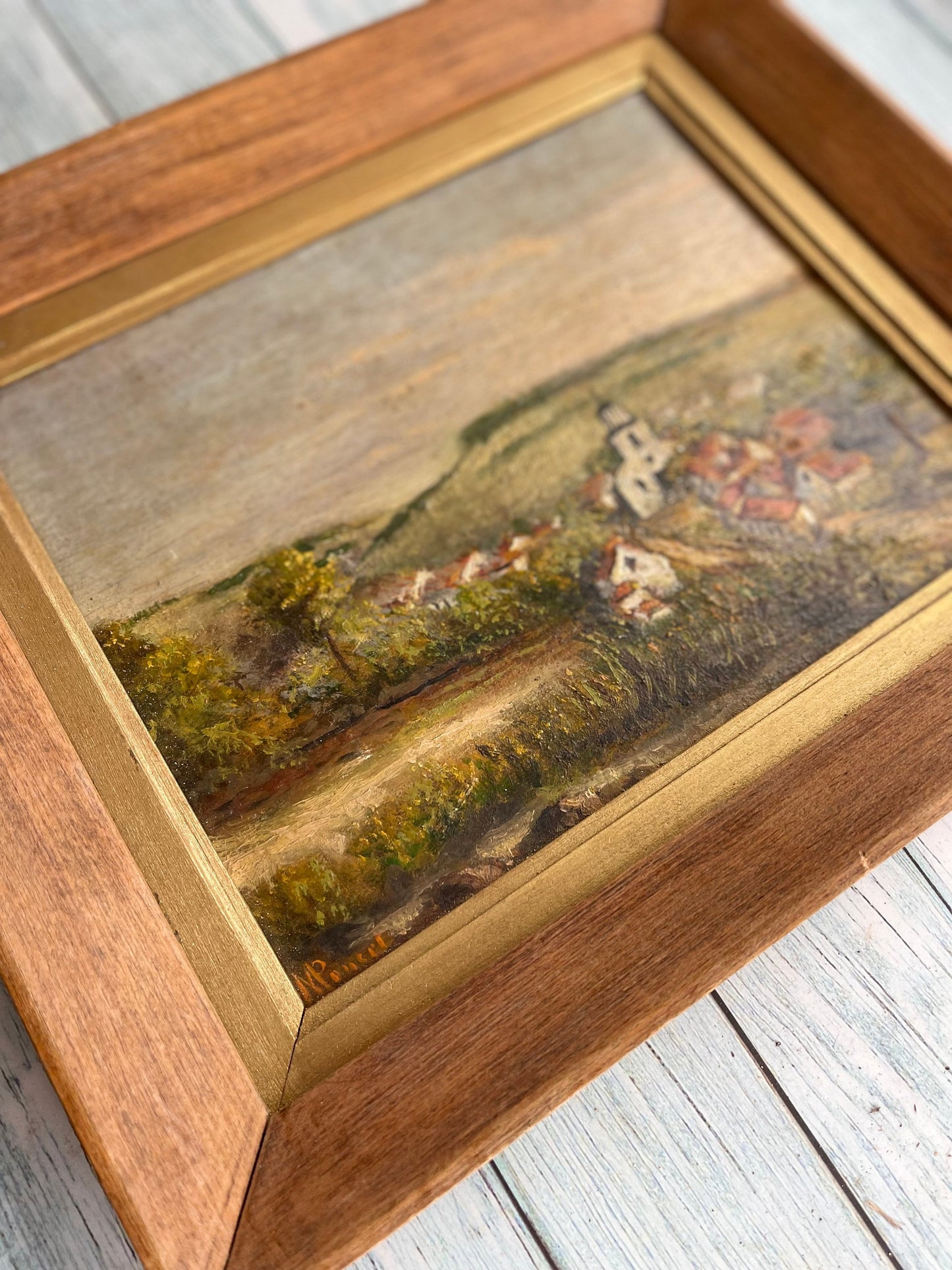 Vintage French Oil Painting of a Rural Village Scene with Church in Frame