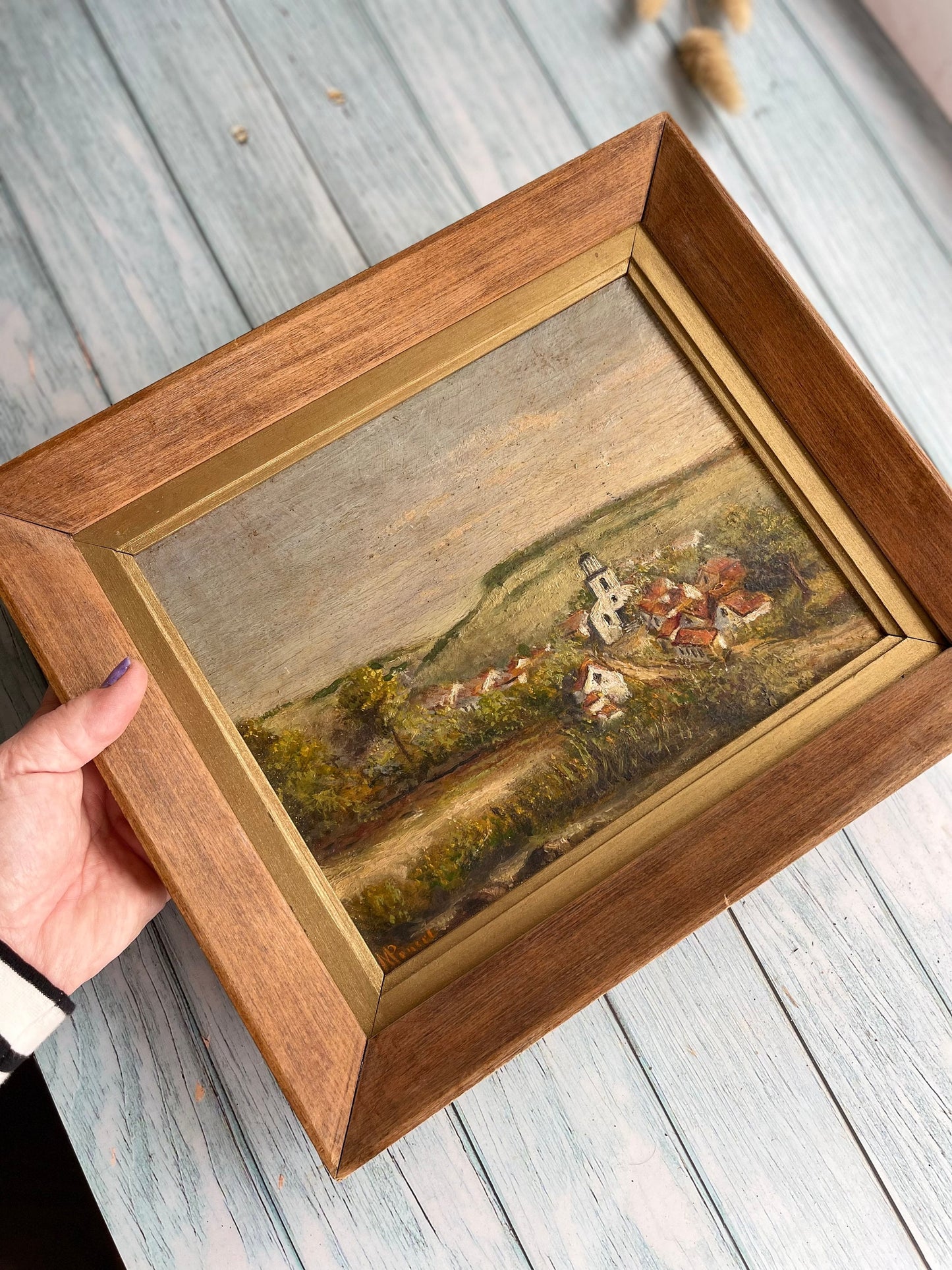 Vintage French Oil Painting of a Rural Village Scene with Church in Frame