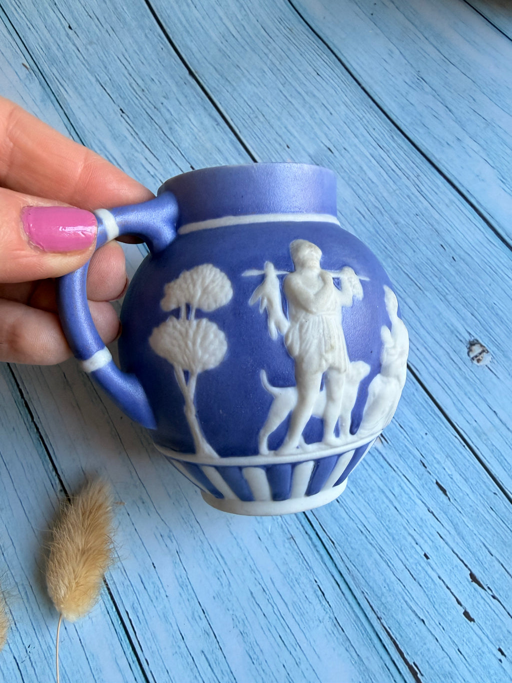 Antique Continental White Cameo Style Relief on Cobalt Blue Porcelain Creamer Jug