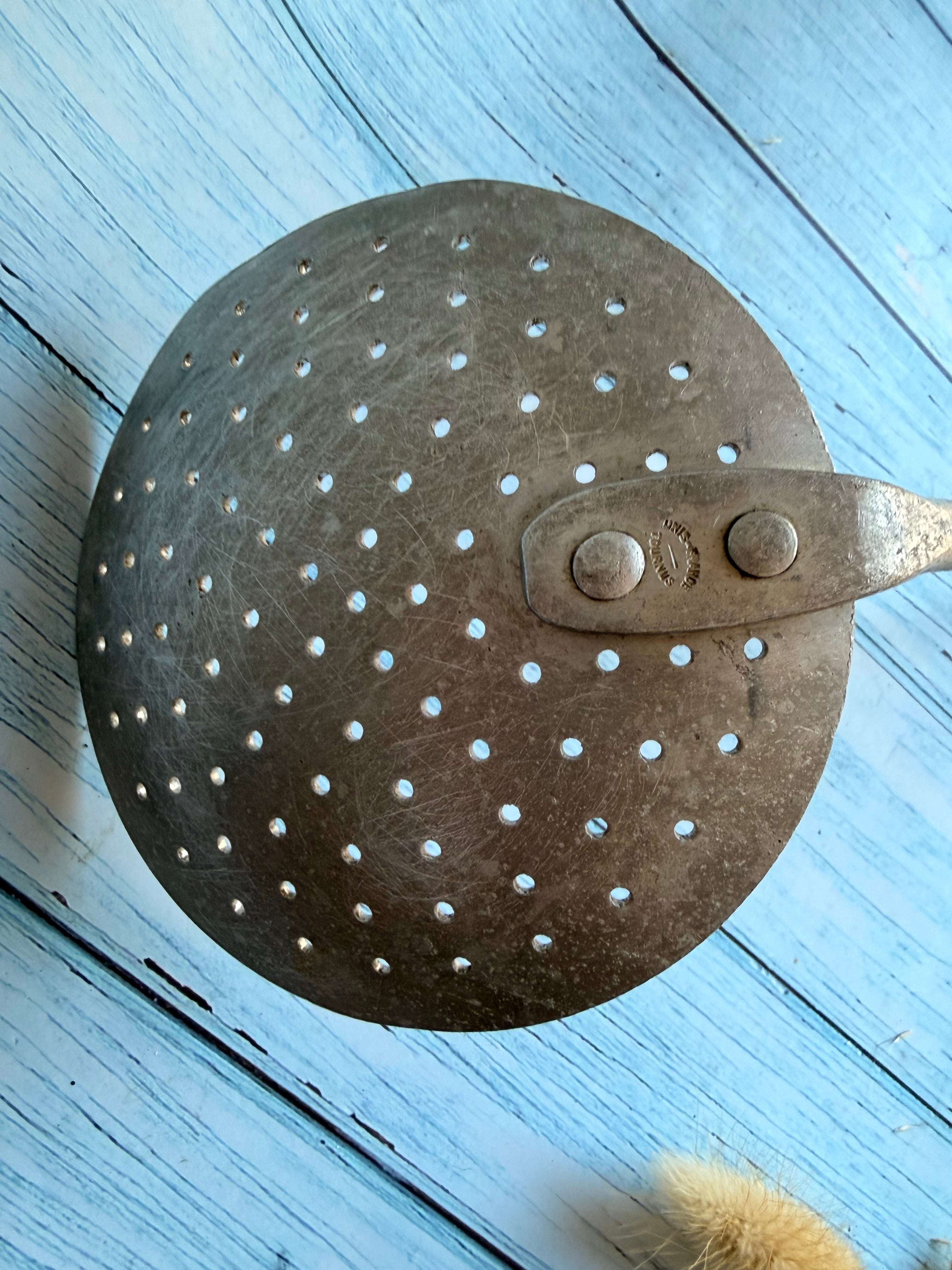 Vintage French 1950s Tournus Unis Strainer Spoon, Wood and Aluminium
