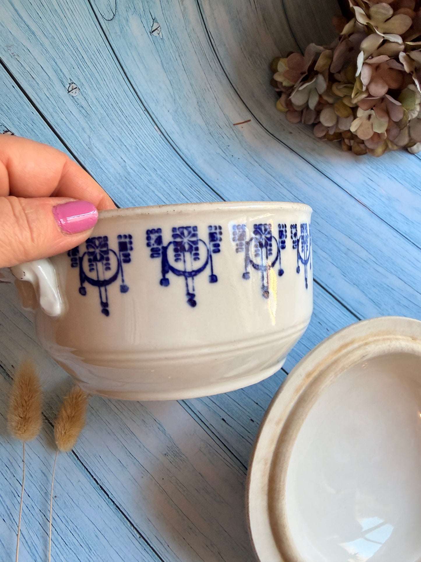 Small Antique French St Uze Soupier with Lid - Blue and White Transferware