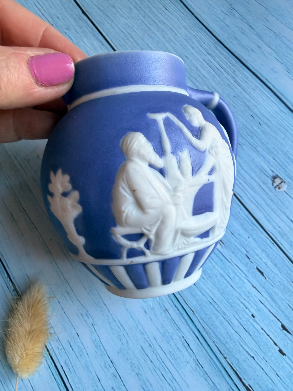 Antique Continental White Cameo Style Relief on Cobalt Blue Porcelain Creamer Jug