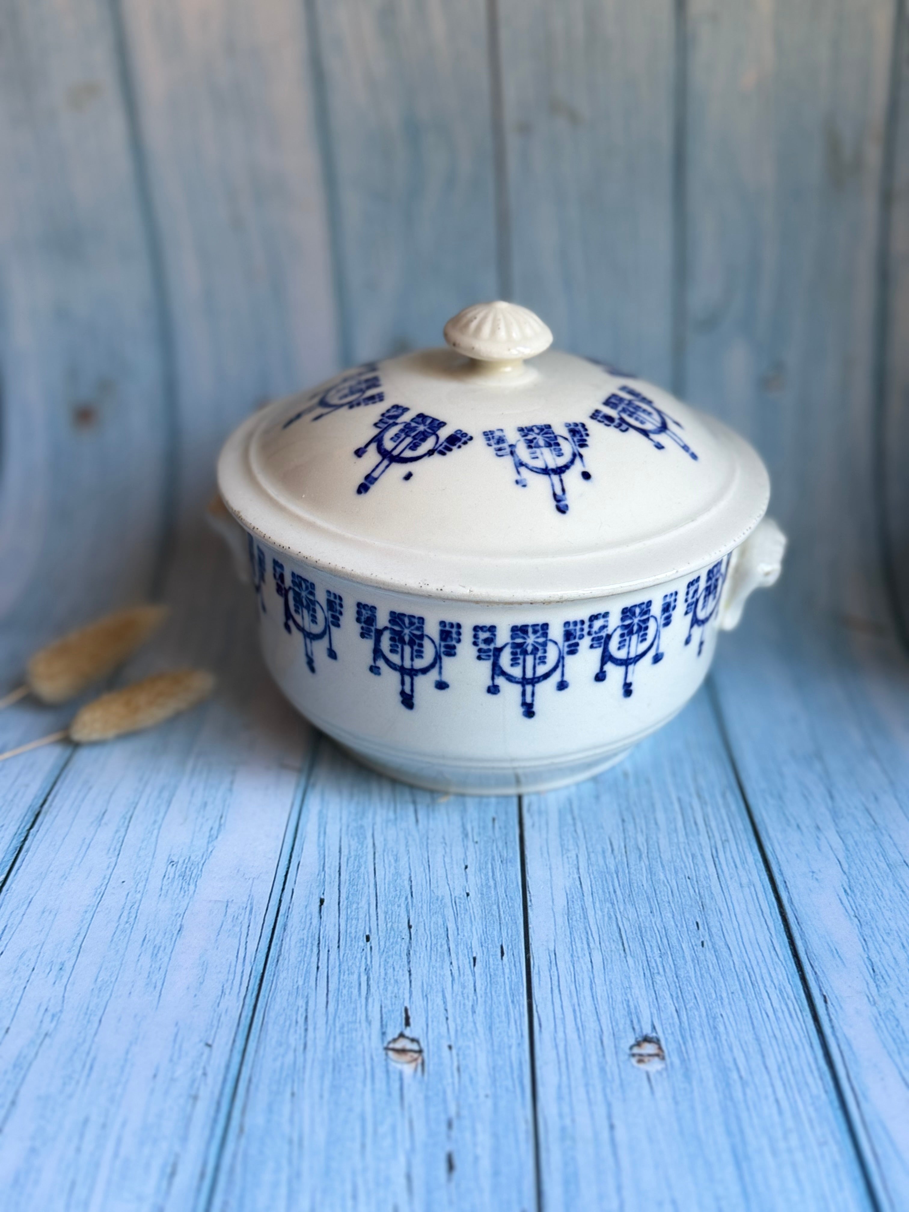 Small Antique French St Uze Soupier with Lid - Blue and White Transferware