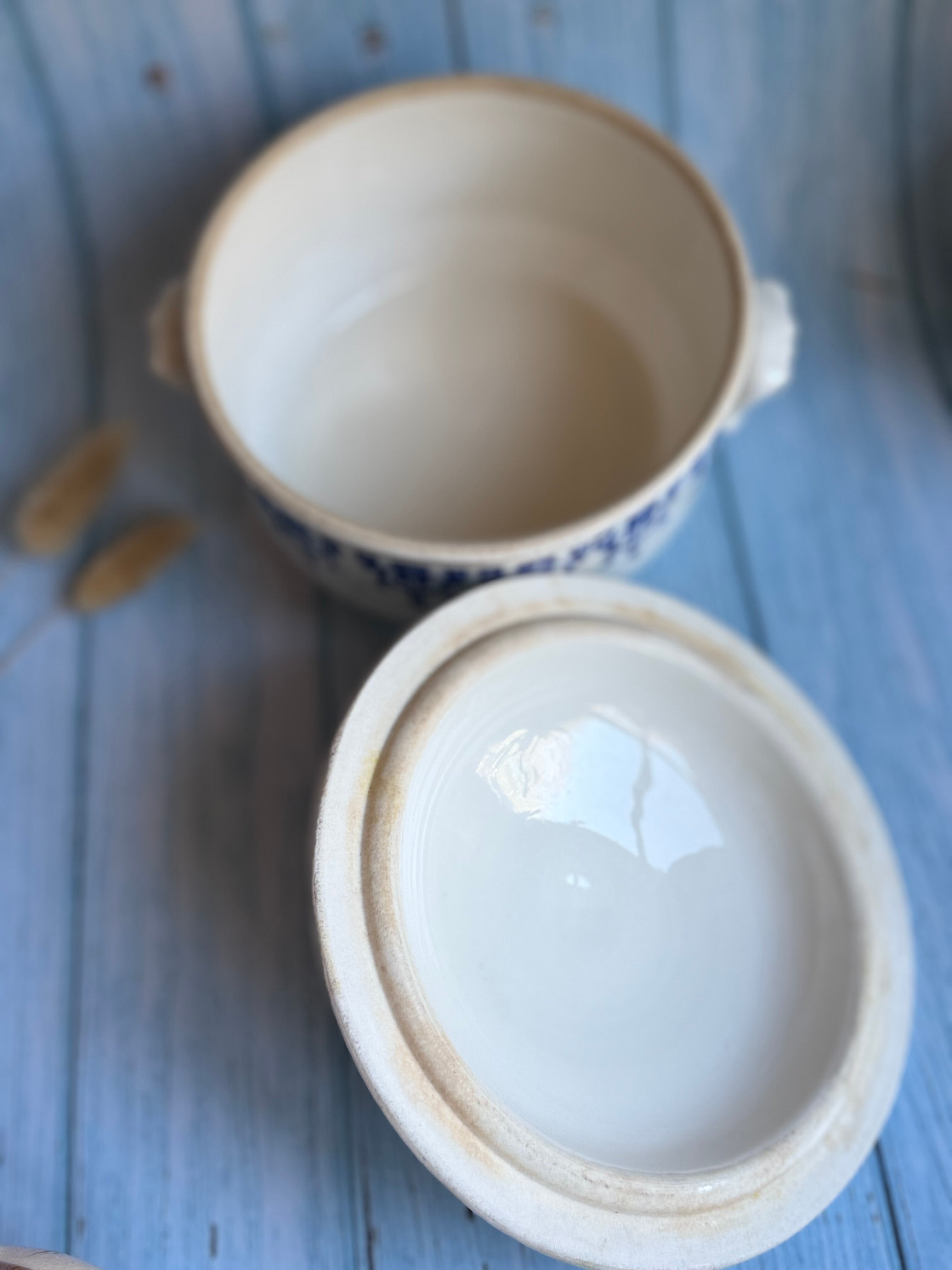 Small Antique French St Uze Soupier with Lid - Blue and White Transferware