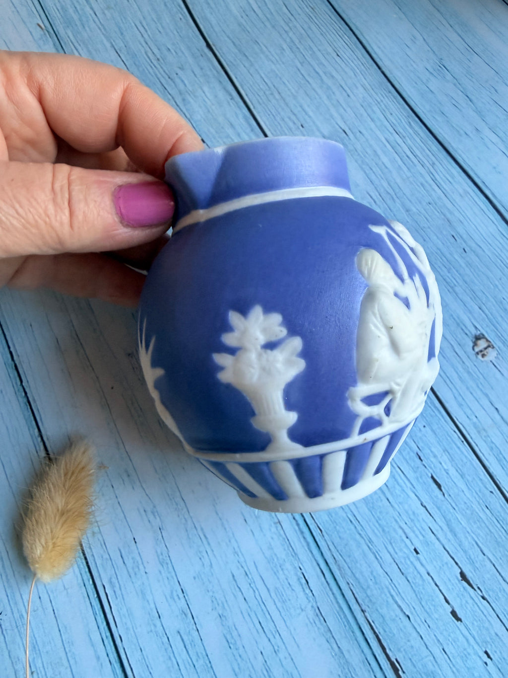 Antique Continental White Cameo Style Relief on Cobalt Blue Porcelain Creamer Jug