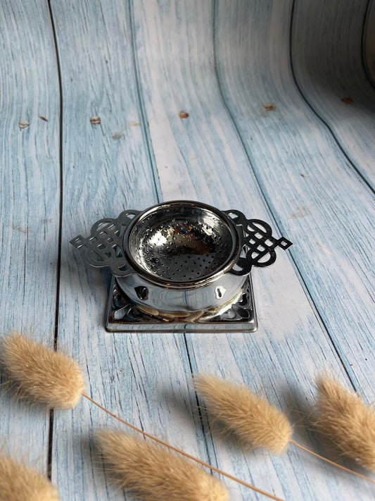 Vintage Silver Metal Tea Strainer with Drip Base – Twin Handles – Pierced Design