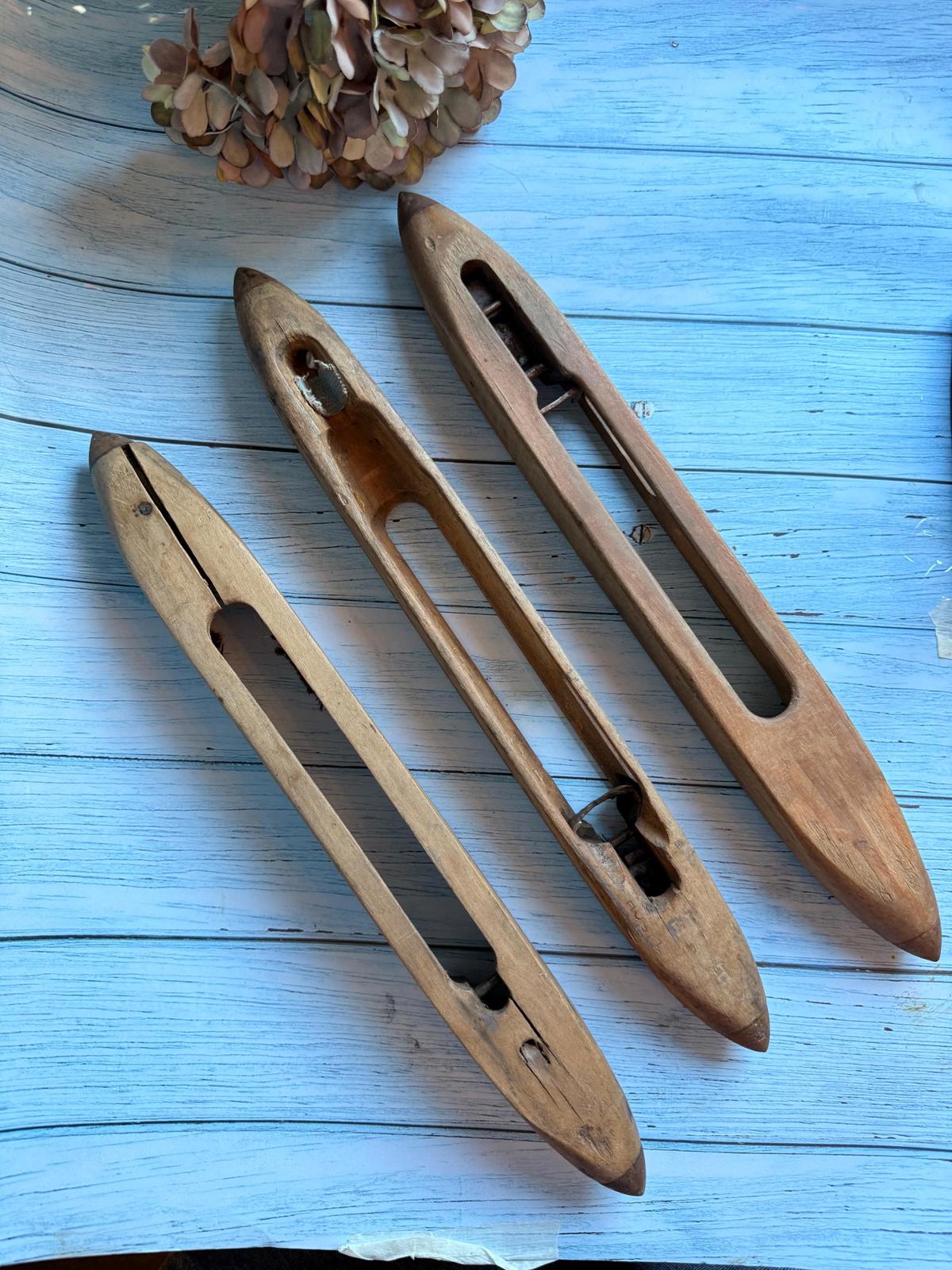 Set of Three Antique French Wooden Weaving Loom Shuttles