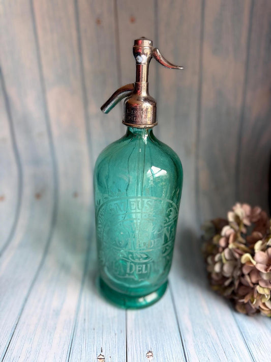 Antique French Aqua Glass Etched Advertising Soda Syphon