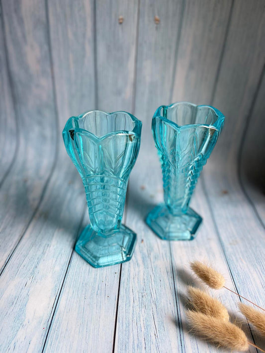 Pair of Art Deco 1930s Davidson Turquoise Blue Glass Sundae Glasses – Hexagonal Shape