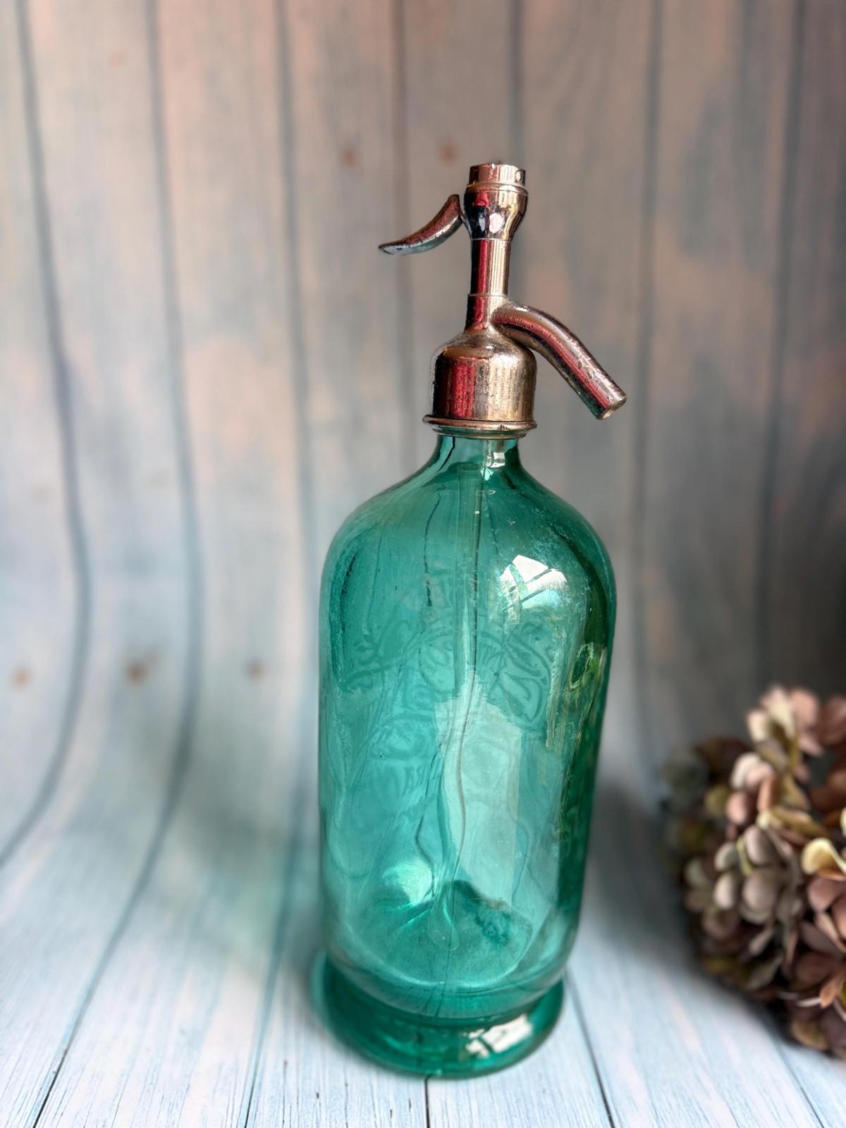 Antique French Aqua Glass Etched Advertising Soda Syphon