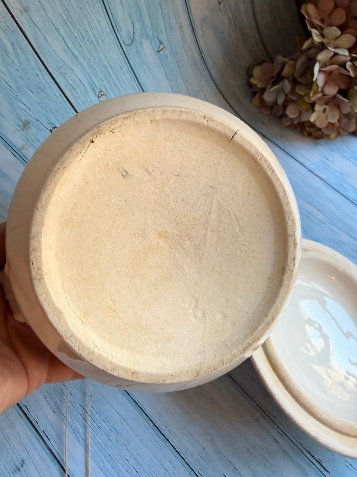 Small Antique French St Uze Soupier with Lid - Blue and White Transferware