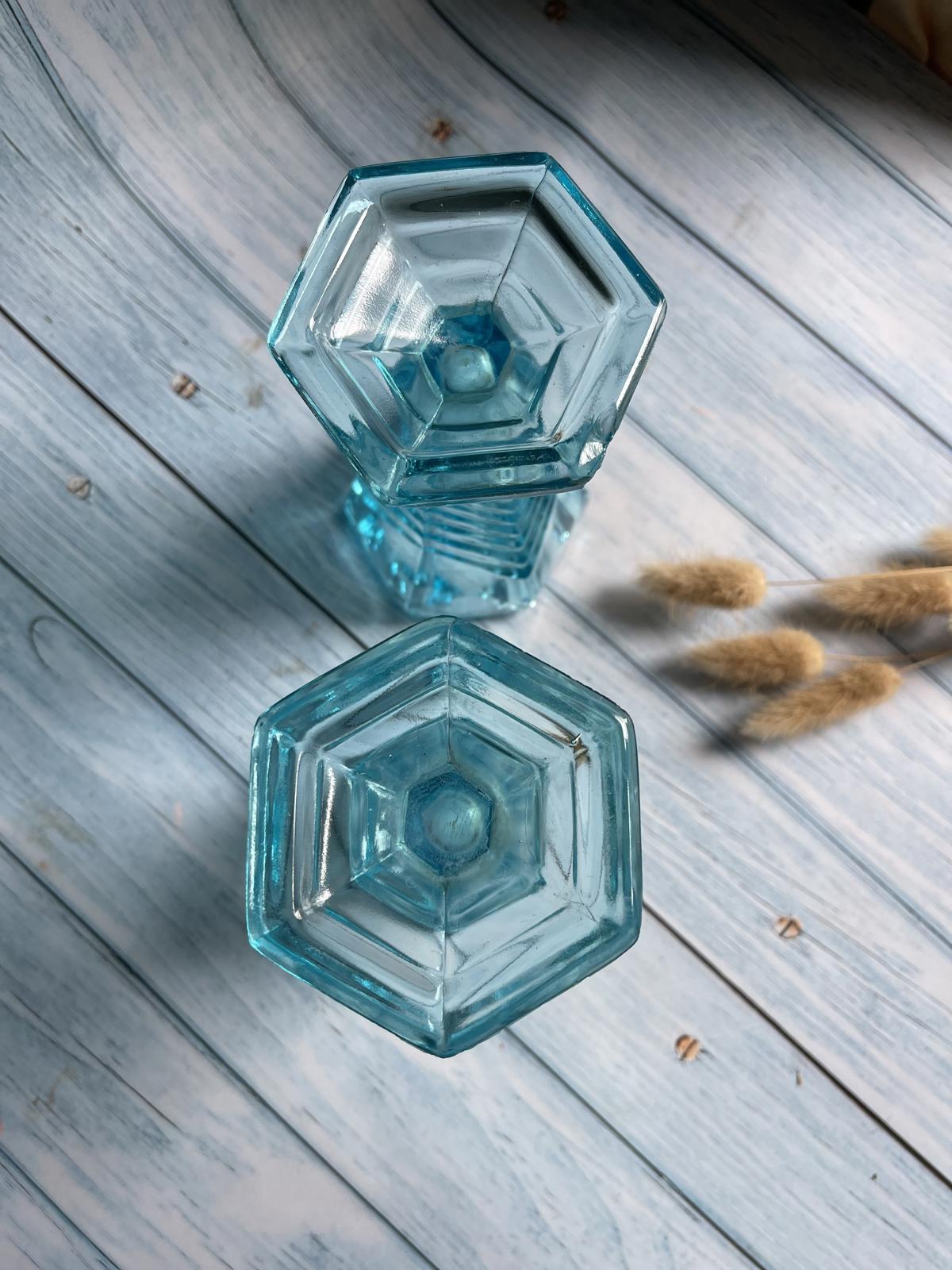 Pair of Art Deco 1930s Davidson Turquoise Blue Glass Sundae Glasses – Hexagonal Shape
