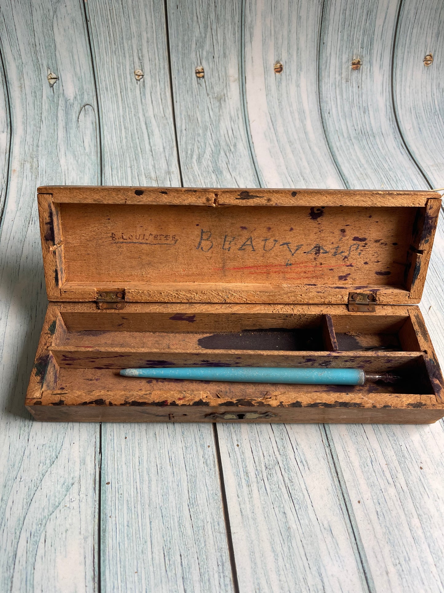 Antique French Plumier / Fountain Pen Wooden Box with Hinged Lid