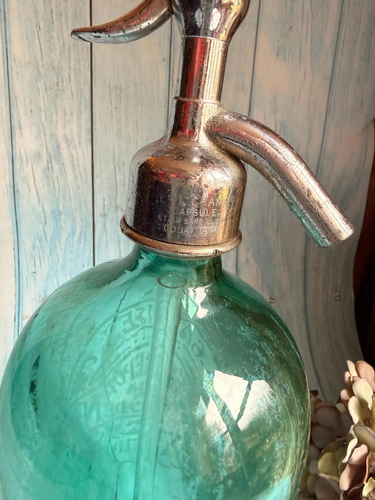 Antique French Aqua Glass Etched Advertising Soda Syphon