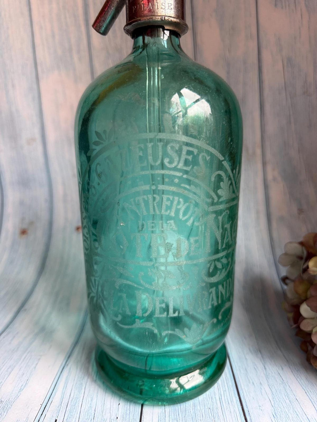 Antique French Aqua Glass Etched Advertising Soda Syphon