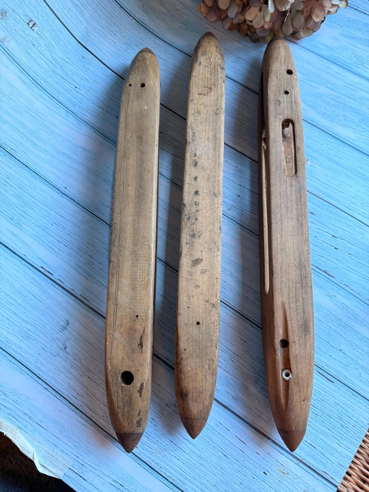 Set of Three Antique French Wooden Weaving Loom Shuttles
